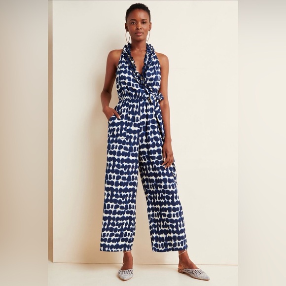 BEACHGOLD Pants - Beachgold Anthropologie Vickie Ruffled Jumpsuit Indigo Tie Dye Sz S Wide Leg